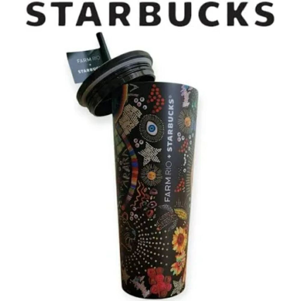 NWT Starbucks x Farm Rio Colorful Black Beadwork Stainless Cold Cup Tumbler